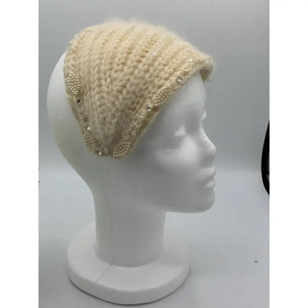 Vintage 1950s Ivory Angora Headband – Pearl Beads, I Love Lucy Era